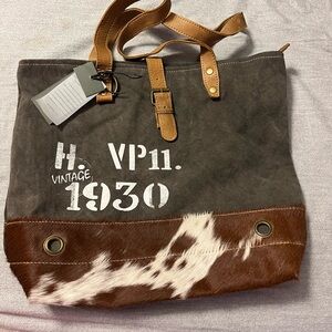 Myra Bag Brown and Gray Canvas Shoulder Tote with Cowhide Accent